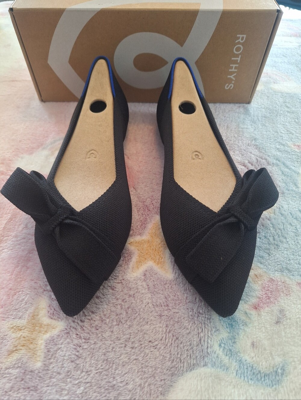 Rothy's Black Pointed ll Siren Knit Bow Flats "Wide"